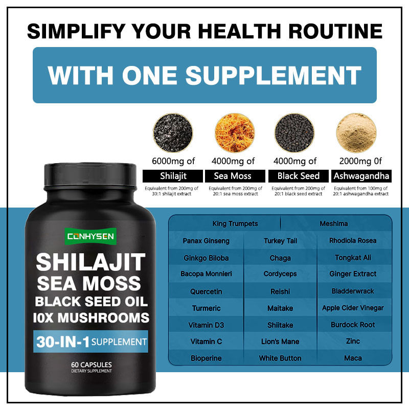 Shilajit-Kapseln mit Meeresmoos-Schwarzkerneöl Nahrungsergänzungsmittel zur Unterstützung der Immunität