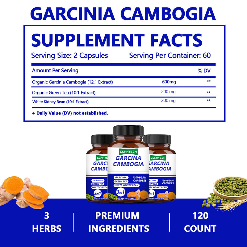 Private Labels Garcinia Cambogia Kapseln 3-in-1 Ergänzung unterstützt Körpergleichgewicht mit grünem Tee
