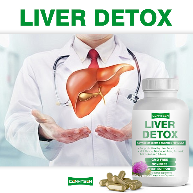 Individuell beschriftete Leber-Detox-Kapseln fördern die Lebergesundheit. Vegetarische Kapsel mit Löwenzahnwurzelpulver