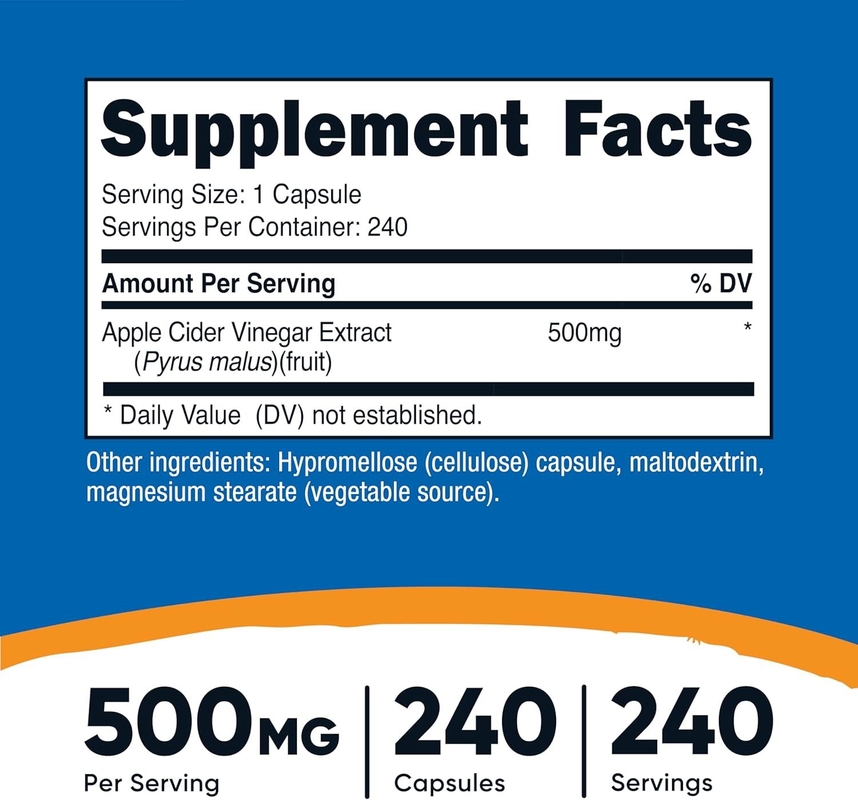 OEM Nahrungsergänzungsmittel Apfelessig Kapseln 500mg 240 Vegetarier Kapseln Naturvegetarier GMP Nicht-GVO Glutenfrei